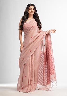 Pink Solid Silk Cotton Saree Set