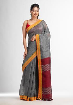 Grey Solid Linen Saree Set
