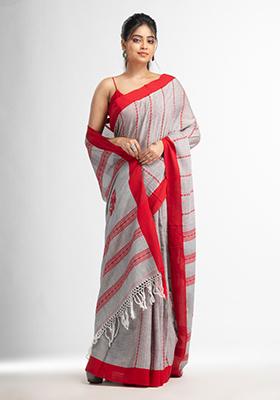 Grey Solid Cotton Saree Set
