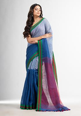 Blue Solid Linen Saree Set