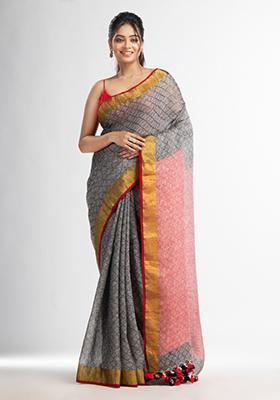 Grey Solid Linen Saree Set