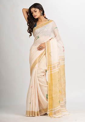 Beige Woven Linen Saree Set