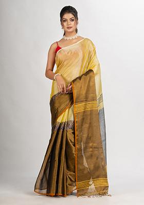Light Yellow Solid Cotton Saree Set