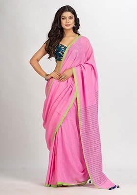 Pink Solid Cotton Saree Set