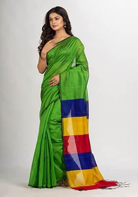 Green Solid Blended Cotton Saree Set