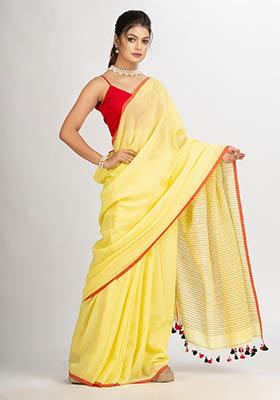 Yellow Solid Cotton Saree Set