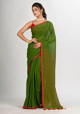 Green Solid Cotton Saree Set