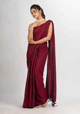 Maroon Solid Cotton Saree Set