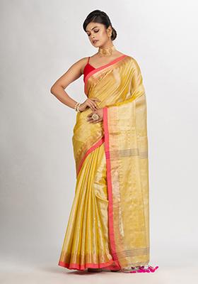 Beige Solid Blended Cotton Saree Set