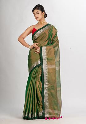 Green Solid Cotton Saree Set