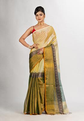 Green Solid Cotton Saree Set