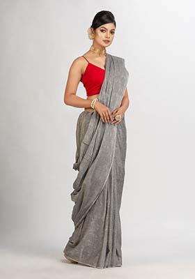 Grey Solid Cotton Saree Set