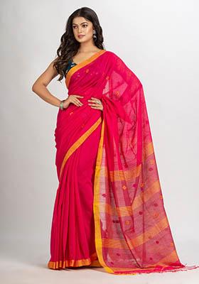 Magenta Purple Woven Cotton Saree Set