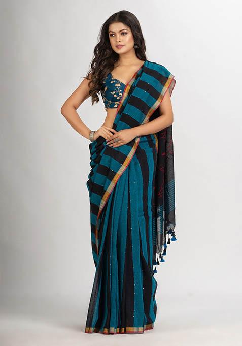Black Woven Cotton Saree Set