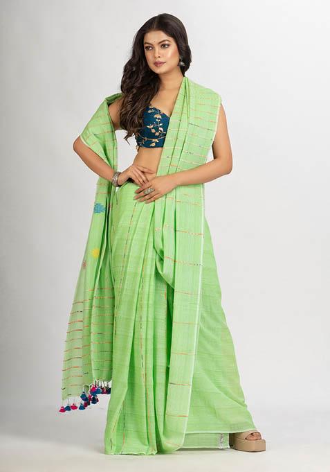 Green Woven Cotton Saree Set