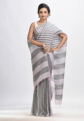 Grey Solid Linen Saree Set