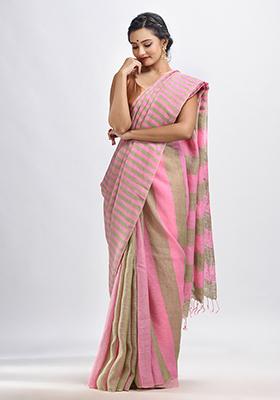 Green Solid Linen Saree Set