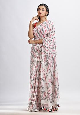 White Printed Cotton Blend Saree Set