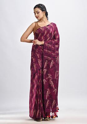 Maroon Printed Cotton Blend Saree Set