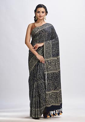 Blue Printed Cotton Blend Saree Set