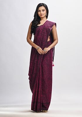 Magenta Purple Printed Cotton Blend Saree Set
