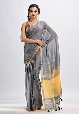 Grey Solid Cotton Saree Set
