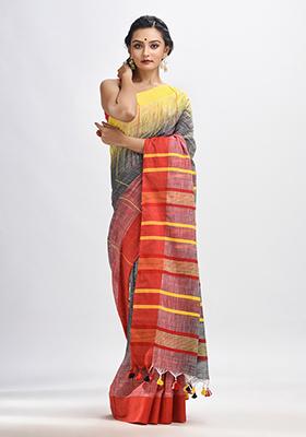 Grey Solid Cotton Saree Set