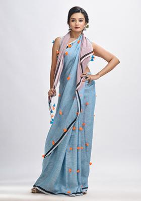 Blue Solid Linen Saree Set