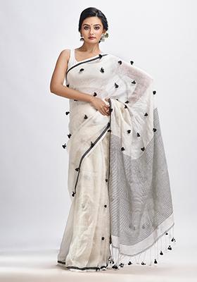 White Solid Linen Saree Set
