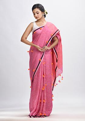 Pink Solid Linen Saree Set