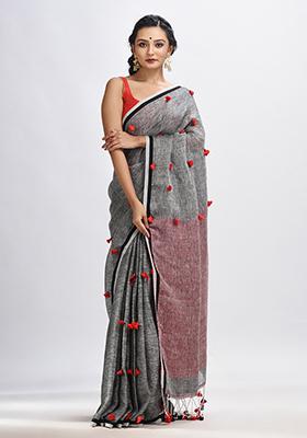 Grey Solid Linen Saree Set