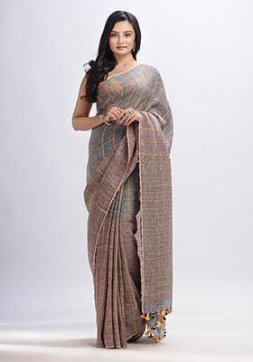 Grey Solid Linen Saree Set