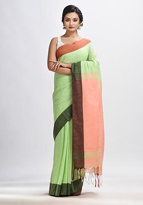 Green Solid Cotton Blend Saree Set