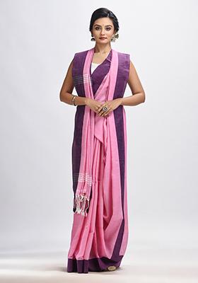 Pink Solid Cotton Blend Saree Set