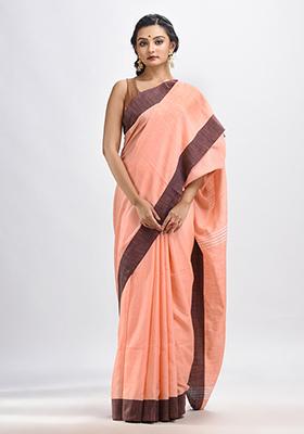 Peach Solid Cotton Blend Saree Set