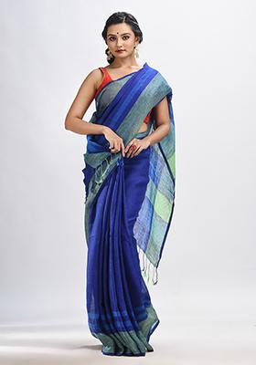 Blue Solid Linen Saree Set
