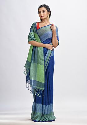 Blue Solid Linen Saree Set