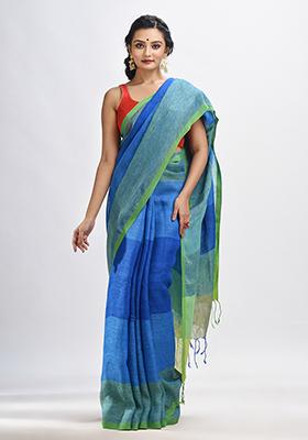 Blue Solid Linen Saree Set