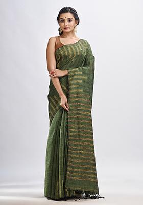 Green Solid Linen Saree Set