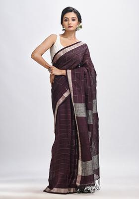 Brown Woven Linen Saree Set