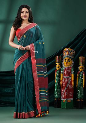 Green Solid Cotton Saree Set