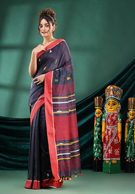 Grey Solid Cotton Saree Set