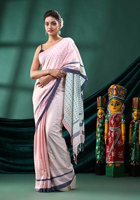 Pink Solid Cotton Saree Set