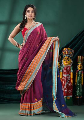 Maroon Solid Cotton Saree Set