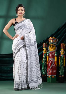 White Solid Cotton Blend Saree Set