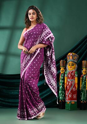 Purple Solid Cotton Blend Saree Set