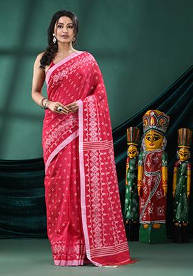Pink Solid Cotton Blend Saree Set