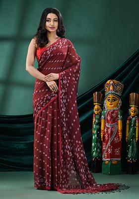 Maroon Solid Cotton Saree Set