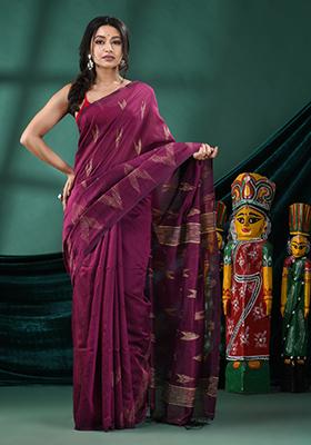 Magenta Purple Solid Cotton Blend Saree Set