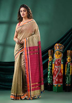 Beige Solid Cotton Blend Saree Set